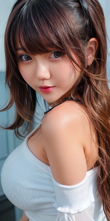 Canon RF85mm f/1.2,masterpiece,best quality,ultra highres,vc,1 girl,(korean mixed,kpop idol:1.2),solo,white_shiny_skin,black eyes,necklace,((brown_long_wavy_hair)),((pink_shiny_lips)),eyelashes,bangs,aface,make-up,shiny,Pore,skin texture,bracelet,offshoulder,see-through,big breasts