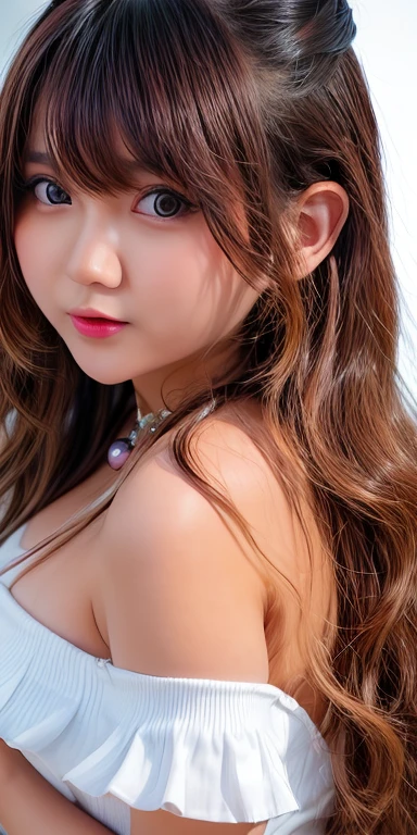 Canon RF85mm f/1.2,masterpiece,best quality,ultra highres,vc,1 girl,(korean mixed,kpop idol:1.2),solo,white_shiny_skin,black eyes,necklace,((brown_long_wavy_hair)),((pink_shiny_lips)),eyelashes,bangs,aface,make-up,shiny,Pore,skin texture,bracelet,offshoulder,see-through,big breasts