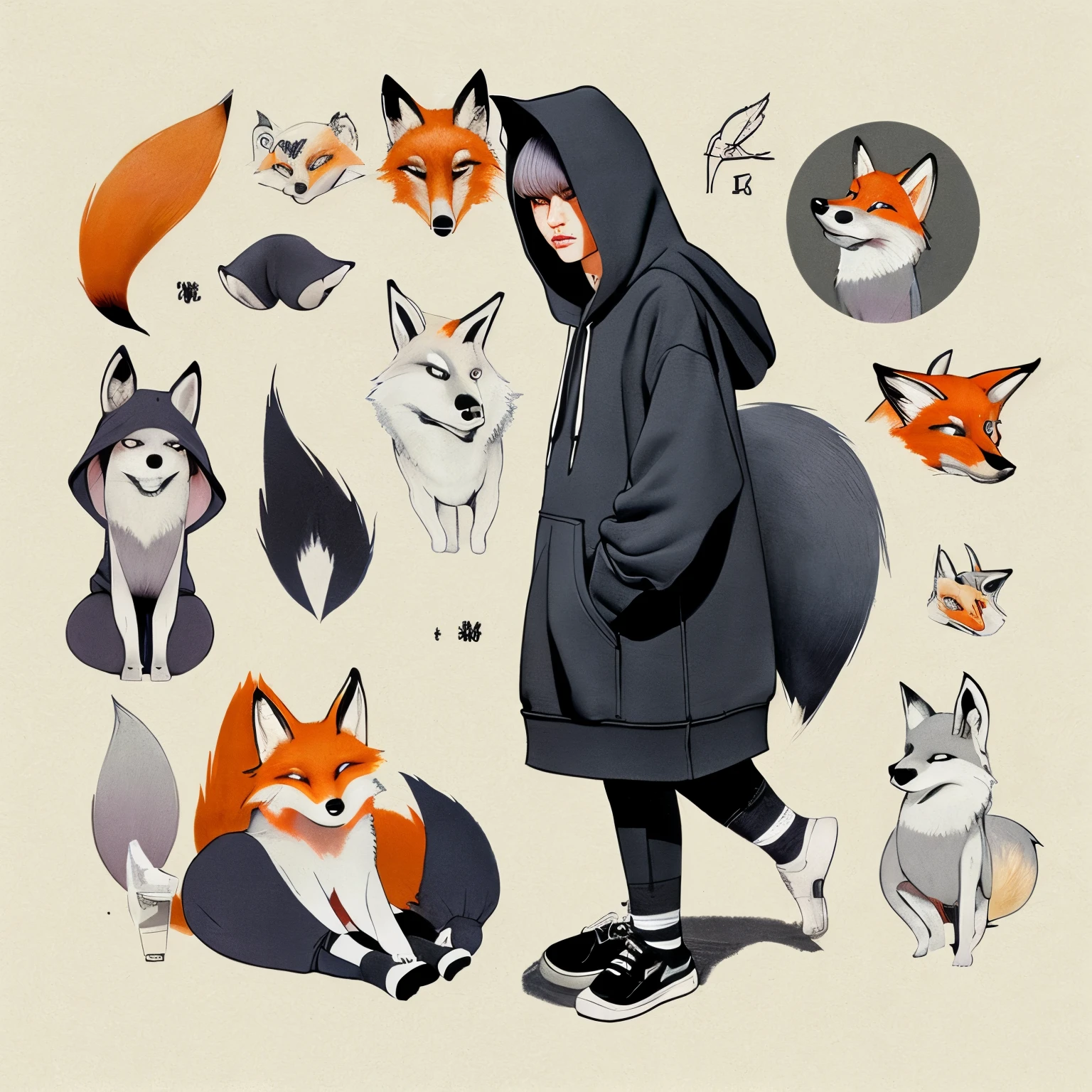 girl、tail、hooded hoodie、Fox、An illustration、boyish