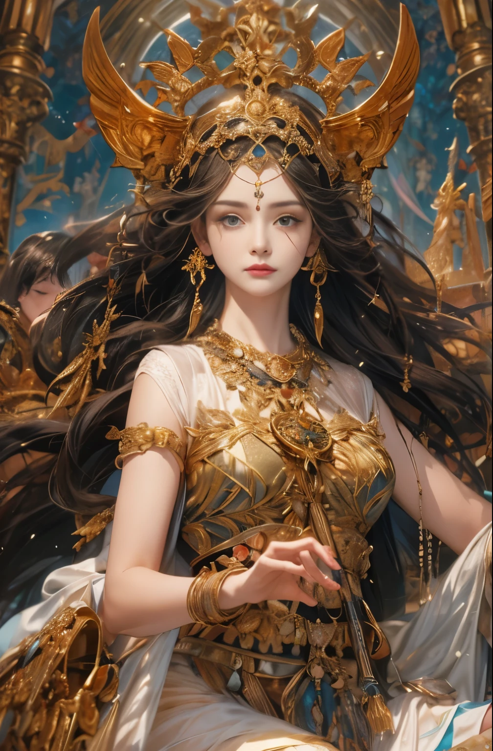 Gold and red tones、fantasy、Ancient mythology、ancient mesopotamia、Dusk time、Mysterious、solemnity、majestic、highest quality, masterpiece、Ishtar, mysterious queen, Guardian of royal power、majestic バビロンの守護者、increase fighting spirit、Great Goddess of Babylon, Majestic Hall々、Brave、glory of lon、Honor of Babylon、Treasure of Babylon, Unparalleled beauty with long eyes、refinement、Noble、i am proud、Wearing Noble jewelry、Equip your weapons、looks like fancy golden armor、cloak fluttering in the wind、Tall and lean、fiery red long hair、perfect angle、perfect composition、Low - Angle、Full body Esbian, Works that influenced Chen Yifei, Works that influenced Francesco Hayes, Inspired by Hendrik Terbruggen, Jean＝Works that influenced Auguste Dominique Ingres, Works that influenced Liu Jun, Jean＝Works that influenced Auguste Dominique Ingres, highest quality, perfect angle, perfect composition, best shot, official art, cinematic light, figurative art, Beautiful and expressive paintings, Beautiful artwork illustration, wonderful, cool beauty, clear, Mysterious, masterpiece, highest quality, official art, Very delicate and detailed painting style, Beautiful painting art, perfect light, perfect composition, perfect angle, The perfect subject, best shot, women only, sharp outline, pretty much beautiful face, Very beautiful and delicate eyes, delicate and beautiful eyes, close