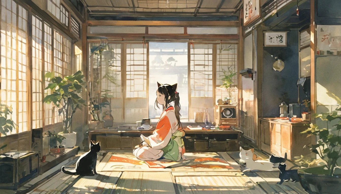 girl listening to music on headphones。A dim and narrow 6 tatami room where the setting sun shines。only one cat。