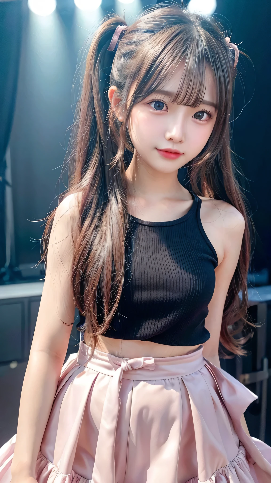 blush,small breasts,,long hair ponytail,singing on stage,close up of face,((8K, Raw photo, best quality, muste piece:1.2), (Reality, photorealistic:1.4), (Highly detailed 8K wallpaper), Depth of the bounds written, cinematic lighting, soft light, detailed beauty eye,Shiny and smooth light brown ponytail, asymmetrical bangs, shiny skin, super detailed skin ,high resolution, high detail, detailed hairstyle, detailed beauty face, hyper real, perfect limbs, perfect anatomy ,1 Japanese girl,famous japanese idol, perfect female body,shy smile,short eyelashes,double-edged eyelids,look straight here,Hair style is ponytail、Pink colored long dress with lots of ruffles, softly shaped skirt, standing on stage,pink ribbon on head,She wears a long skirt with lots of frills.,Neat clothes
