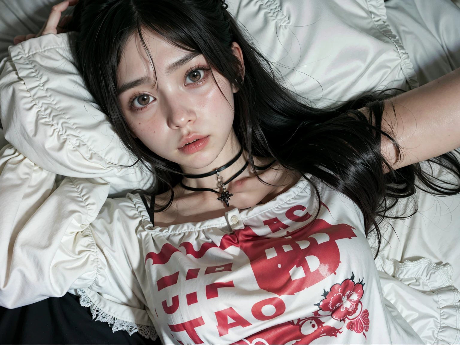 hay una mujer acostada en una cama con una camisa blanca, cruel korean gothic girl, ulzzang, ella parece una mezcla de gimes, gothic girl, pale gothic beauty, con pelo largo y ojos penetrantes, ojos rojos y cara delgada, Asian girl