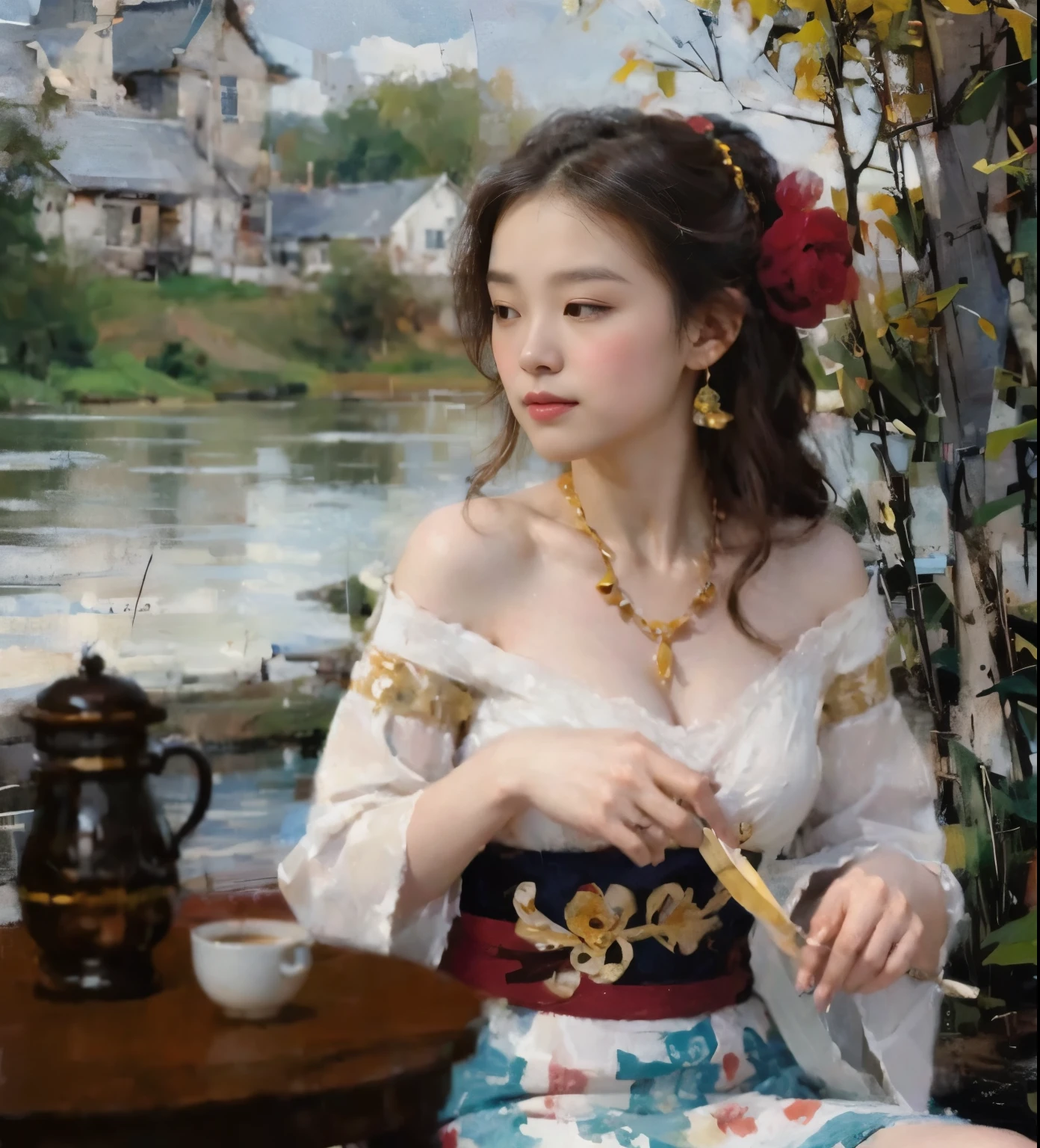 Drawing of a woman in a dress sitting on a chair with a cup of coffee., Mysterious coffee shop girl, Inspired by Gu An, แรงบันดาลใจจาก Du Qiong, Inspiration from Grandfather Hua, Inspiration from Tang Yifen, Inspired by Francesco Hayez, Inspiration from Hua Yan, Inspiration from Luo Mu, Hanfu, Inspiration from Zhou Suxi, Inspired by Edmund Leighton