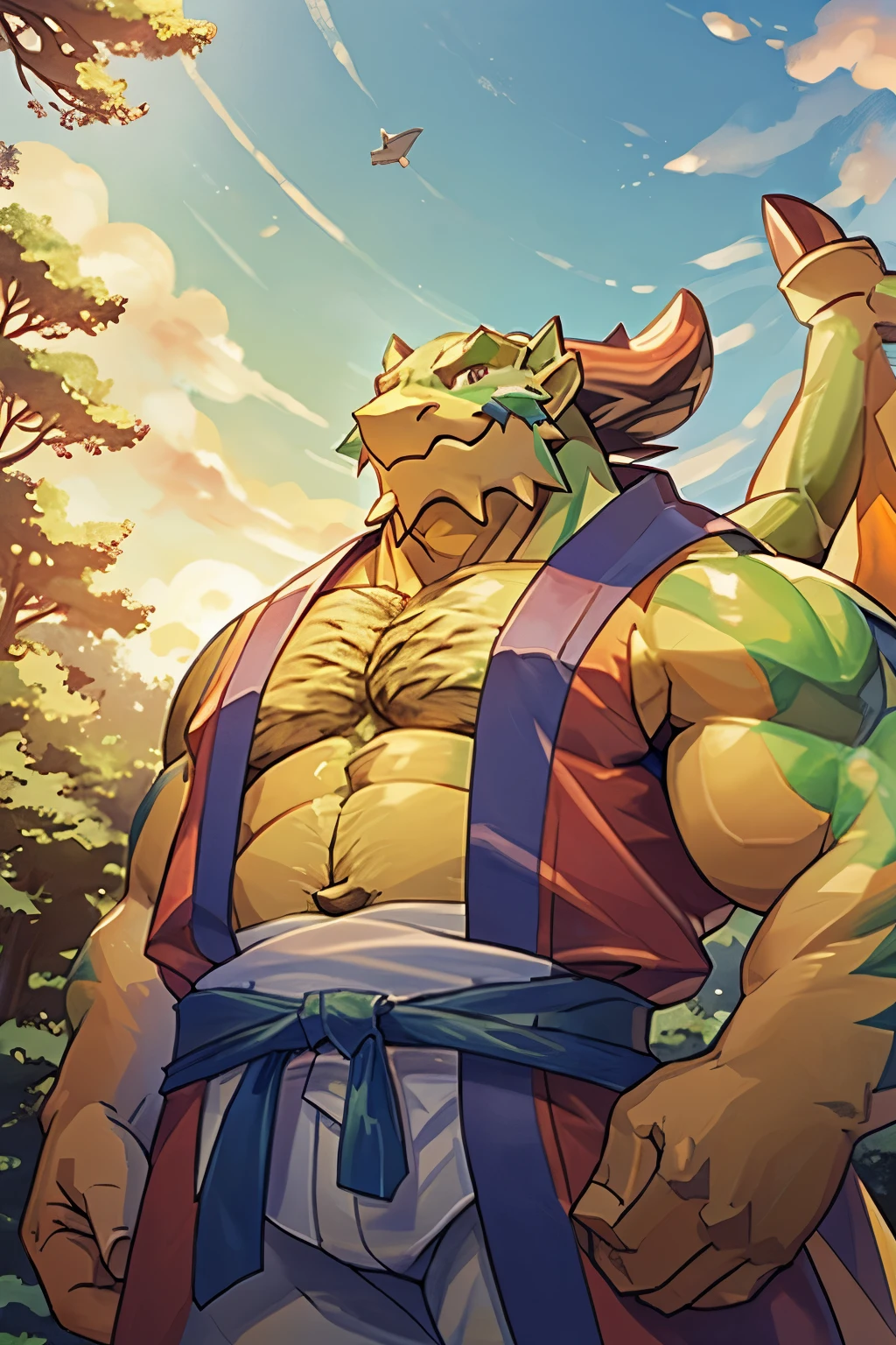 (masterpiece, best quality:1.2), 1 boy, young,hairy,alone，Shapely figure，stand，Looking directly into the camera，Dragon Orc，Smile，Emerald body color，Japanese kimono，all ages，forest background，Volcanoes and beaches in the distance，panoramic，super wide angle