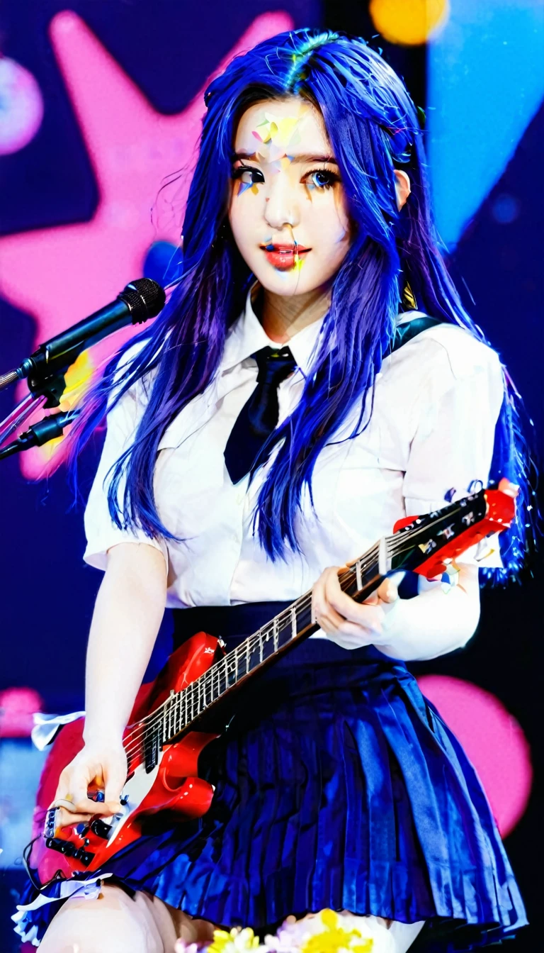 masterpiece, best quality, 1girl, solo, irene, furude rika, blue hair, purple eyes, instrument, skirt, guitar, necktie, long hair, shirt, blush, holding, pleated skirt, electric guitar, cropped legs, holding instrument, simple background, short sleeves, white shirt, sparkle, a photo of irene, ohwx woman, on stage singing, best quality, beautiful face, photorealistic, 32k RAW photography, ((perfect eyes, detailed eyes, realistic eyes)), ((sharp face, detailed face, realistic face, natural skin, realistic skin, detailed skin, pores)),