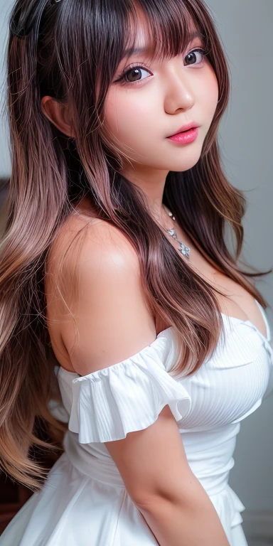 Canon RF85mm f/1.2,masterpiece,best quality,ultra highres,vc,1 girl,(korean mixed,kpop idol:1.2),solo,white_shiny_skin,black eyes,necklace,((brown_long_wavy_hair)),((pink_shiny_lips)),eyelashes,bangs,aface,make-up,shiny,Pore,skin texture,bracelet,offshoulder,see-through,big breasts