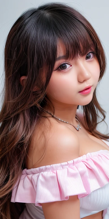 Canon RF85mm f/1.2,masterpiece,best quality,ultra highres,vc,1 girl,(korean mixed,kpop idol:1.2),solo,white_shiny_skin,black eyes,necklace,((brown_long_wavy_hair)),((pink_shiny_lips)),eyelashes,bangs,aface,make-up,shiny,Pore,skin texture,bracelet,offshoulder,see-through,big breasts