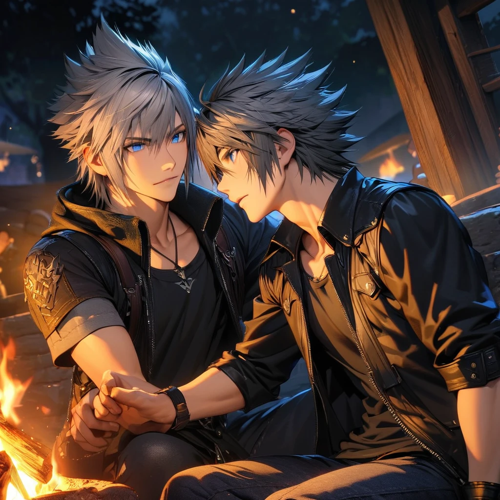 absurdres, highres, ultra detailed, HDR), masterpiece, best quality, vibrant blue eyes, finely eyes and detailed face, Riku, grey hair, Noctis Lucis Caelum, black spiky hair, Kingdom hearts, Final fantasy xv, 2men together, gay, handsome, sitting in front of a bonfire, night, outside
