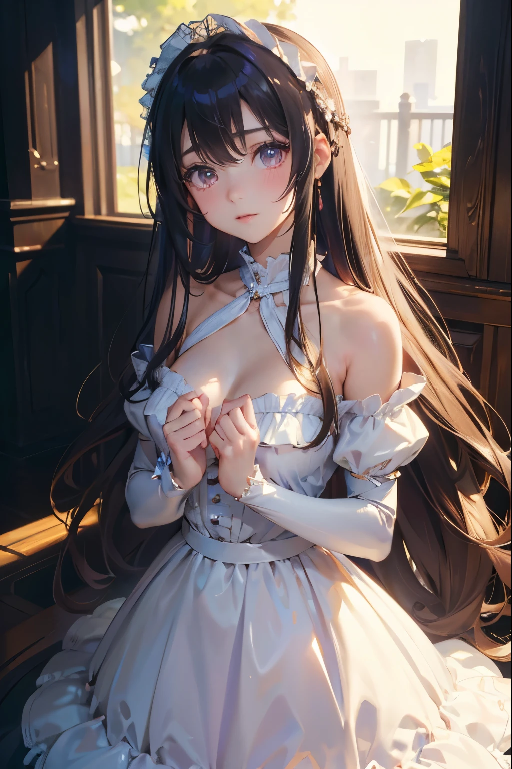 (high quality,masterpiece,4k,8k,16k),cute girl,bust,medium chest,ta dress,smooth skin,silky hair,vibrant colors,dreamy lighting,shiny girden,subtle details,intense gaze,revealing expression,porcelain-like complexion,graceful pose,gentle atmosphere,pure innocence,natural beauty,sublime aesthetics