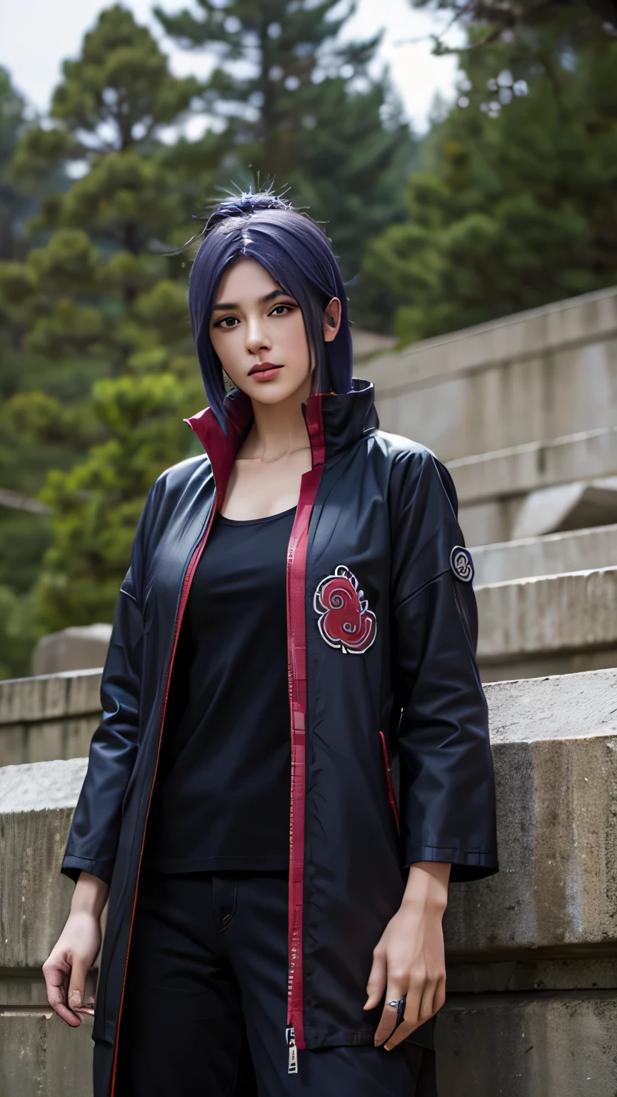 (8k, RAW photo), (best quality), (masterpiece), (realistic,) (photo-realistic), (highres), ultra-detailed, (realism:1.1),beautiful face, (1girl:1.1), woman, (looking at viewer), cowboy shot, japanese, konan \(naruto\), (akatsuki outfit:1.1), labret piercing, dark blue hair, professional lighting, photon mapping, physically-based rendering,