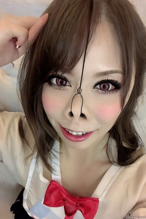 high quality, super detailed, 最high quality, Extremely detailed, beautiful, masterpiece,masterpiece, 最high quality, 1 mature woman, alone, looking at the viewer, Japanese,Japanese 熟女 milf,Apron Clothing,face focus,face focus,face close up,wavy hair,False lashes,Narrow eyes,naughty smile,thick lips,Bimbo face,dark makeup,kindergarten teacher,Nursery school teacher,