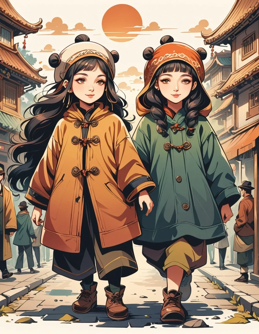 Susanne Paschke style，Vector Art ，vector art，，Chinese oil painting, closeup of Tibetan people wearing plain cotton cloth and woolen trousers standing in the street smiling at each other, with several others dressed in fur coats behind them. The background is white walls and stone floors.