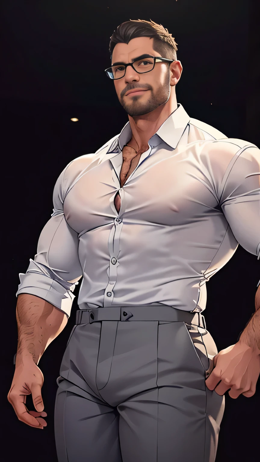 An award-winning original photo，A wild muscular man, (40 years old daddy:1.1), 1man, Solo, employee, (putting on a white dressshirt, black trouser), gray hair, (big shoulder), musculature, stubbles, Short beard, wearing glasses, smiles, Dynamic Angle, volumetric lighting, (Best quality, A high resolution, Photorealistic), Cinematic lighting, Masterpiece, RAW photo, Intricate details, hdr, depth of field, from below