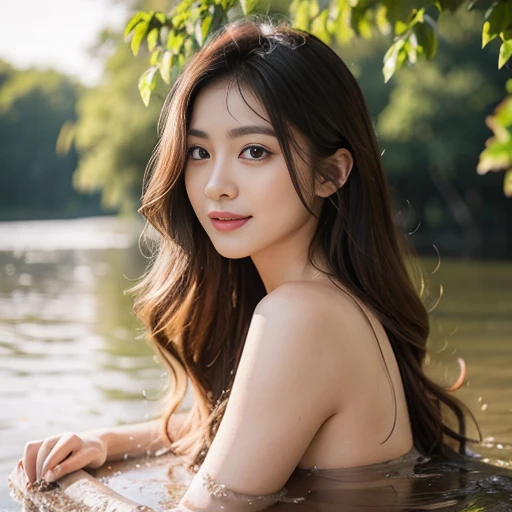 The location is a Japan-style hot spring in Japan、Bathing Beauty、Blue-eyed gaijin、26 year old、Hair is brown、Young and Beautiful、Skin is whitened、、Waist constriction、Breasts are big、The chest is hidden by hands or a towel、Exposure is racy、Not wearing a swimsuit in the bath.、high speed shutter , gold paper quilling , glow , lens flare , shiny , bokeh , motion blur