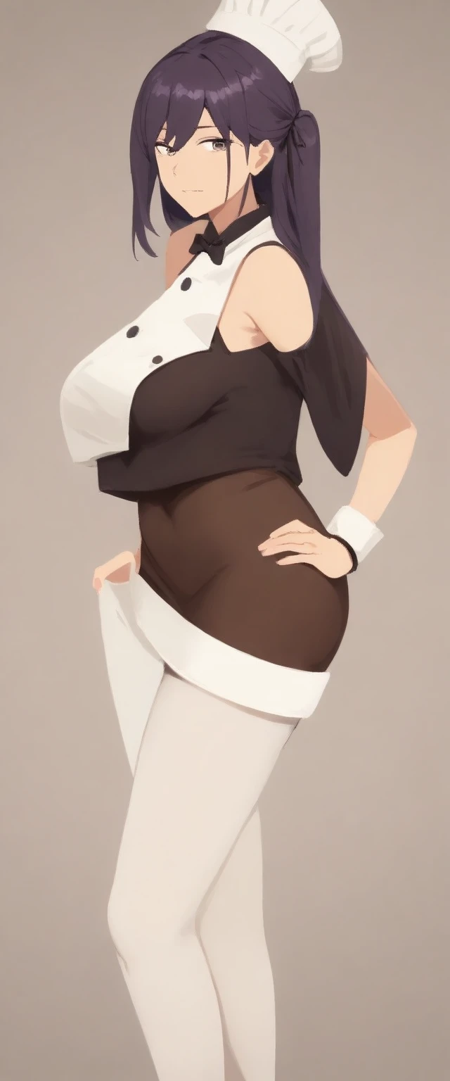 masterpiece, best quality, very aesthetic, absurdres, mature female, (chef costume:1.3),(mini skirt:1.3), zettai ryouiki, bow tie, hair ribbon,
(button gap:0), sleeveless, cuffs, tights