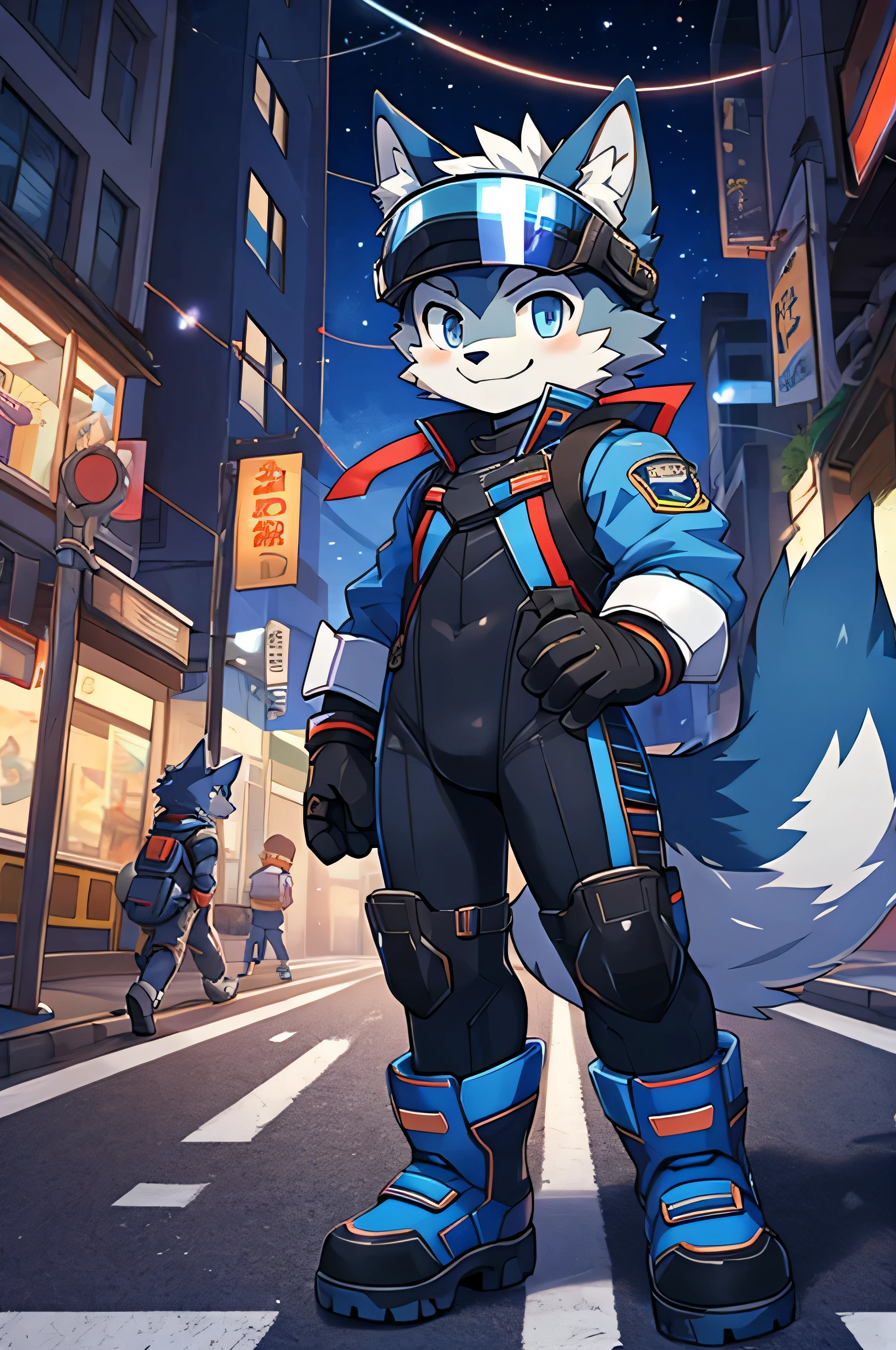 furry,1boy, dark blue wolf boy, tights bodysuit, young hero, white gloves, white boots, street background, smile, shota, visor, night
