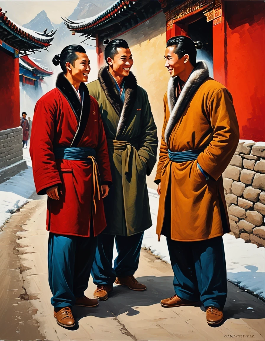 Cristiano Siqueira,,Vector Art ,vector art,Chinese oil painting, closeup of Tibetan people wearing plain cotton cloth and woolen trousers standing in the street smiling at each other, with several others dressed in fur coats behind them. The background is white walls and stone floors.