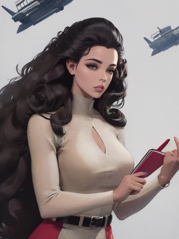 Best quality, 8K, woman, beautiful and detailed face, blod curly long hair, big eyelashes,LOOKING TO observer,beige bodystocking, black belt,SPACESHIP scenario