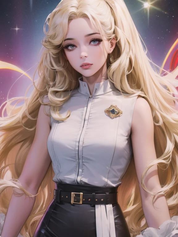 Best quality, 8K, woman, beautiful and detailed face, blod curly long hair, big eyelashes,LOOKING TO observer,beige bodystocking, black belt,SPACESHIP scenario