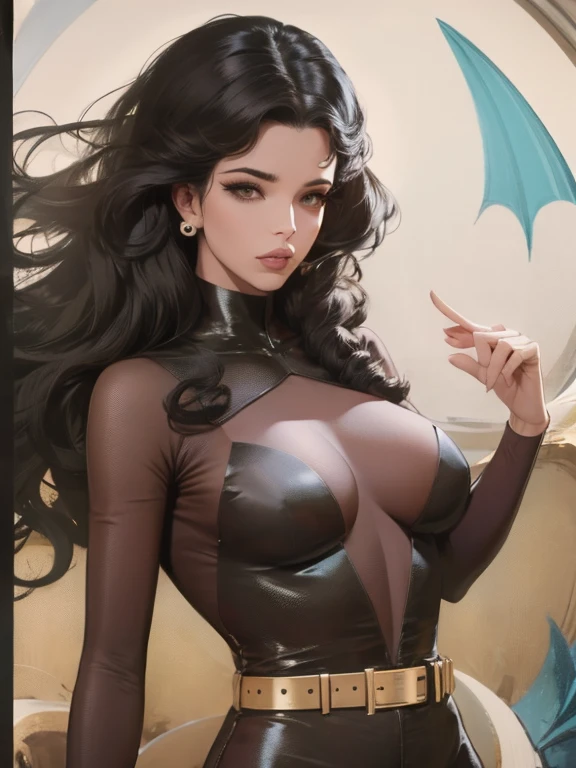 Best quality, 8K, woman, beautiful and detailed face, blod curly long hair, big eyelashes,LOOKING TO observer,beige bodystocking, black belt,SPACESHIP scenario