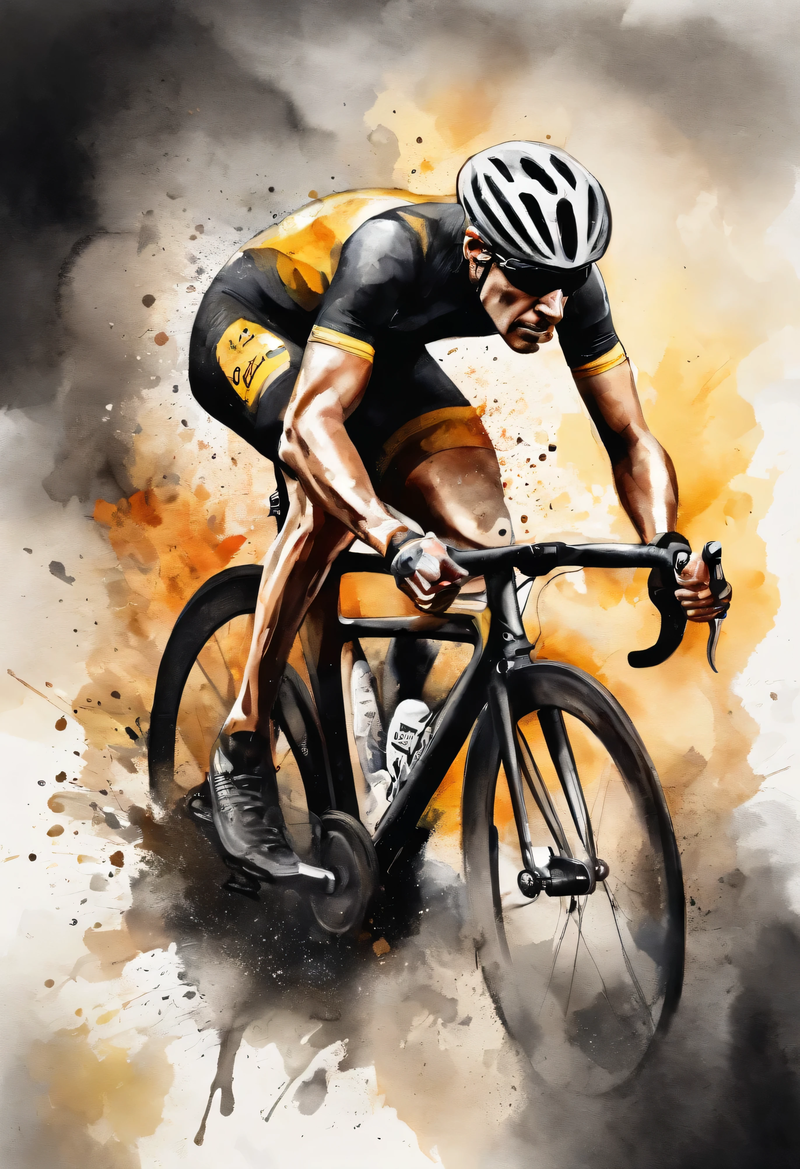 logo para ciclismo de triathlon, velocista, montanha no fundo, lobo feroz na frente, metalico, dourado e preto,