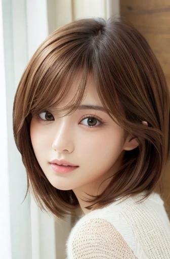 masterpiece、highest quality、High resolution、table top、wallpaper、realistic、bright lighting、professional lighting、face light、smooth lighting、japanese woman、adult、Beautiful woman、action、gravure、sexy、poor、super beautiful、beautiful skin、beautiful and detailed eyes、detailed face、slim、moderately、fluffy hair、short hair、brunette colored hair、brown eyes、look at the camera、 See-through、ecstasy