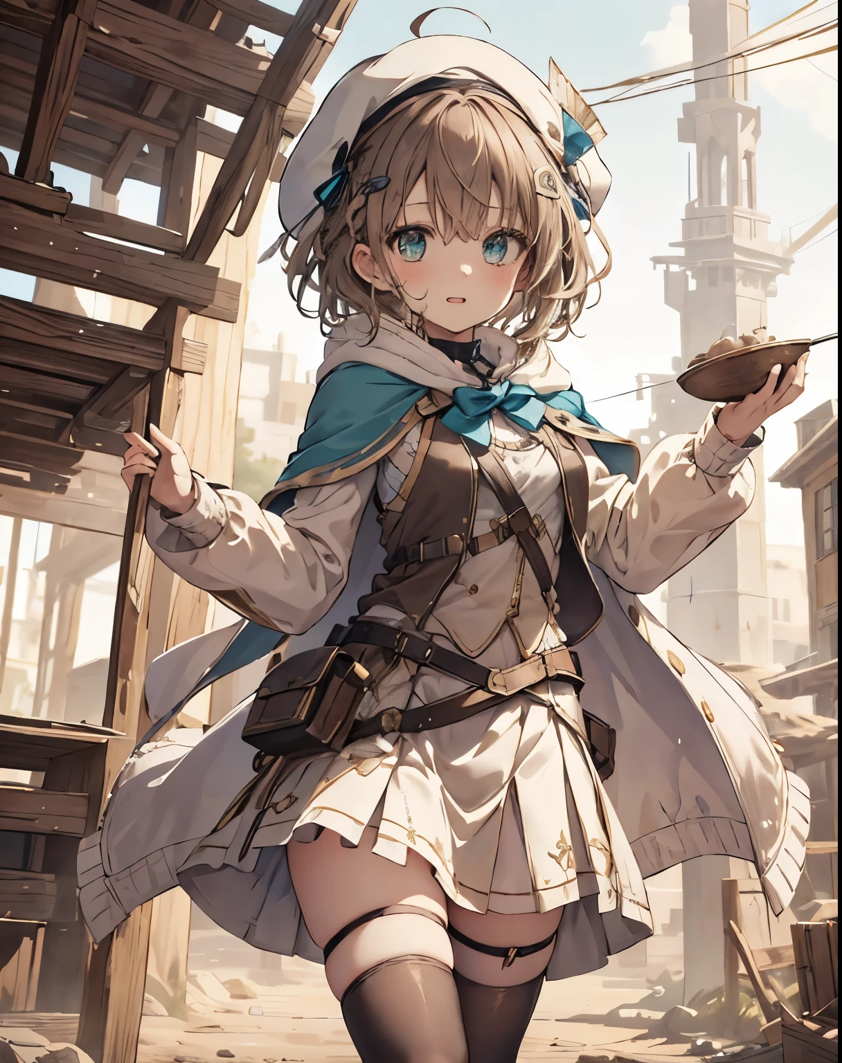 masterpiece, 1girl, sparrow, a brown haired girl, wearing a white medieval priestess clothes, curly short hair, messy hair, slim body, wearing golden capelet with hoody, he close her left eye, shirt ornament, aqua eyes, sho show her back, ahoge, black vest, baby , small breast, beautiful breasts, rounded breasts, braid hair, white beret, long sleeves, beautiful eyes, white stocking, droopy eyes, skirt, brown skirt, plaid skirt, her age is 10 yeerful expression, she is a 