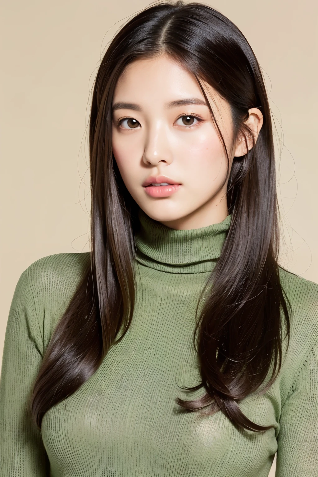 highest quality, 1 beautiful woman, brown eyes, 23 years old, s, 35mm lens, cowboy shot,、mortar style background、green turtleneck knit、light brown、from below、straight hair、straight hair、shiny hair,silky hair、Improving skin quality
