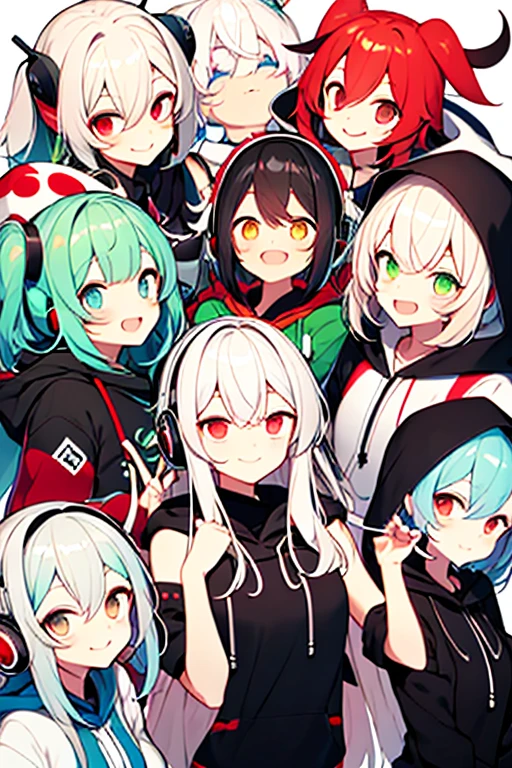 red eyes、yellow eyes、hood、headphones、whole body、pastel colour、Yin and Yang Jade☯