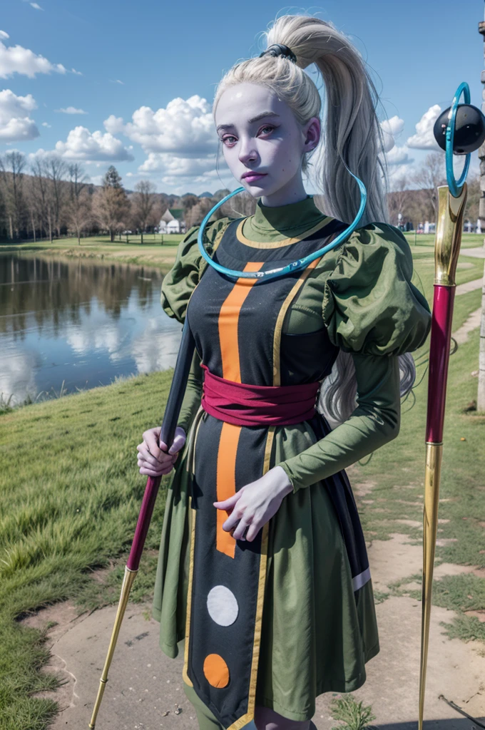 vados, blue skin, white hair, purple eyes, ponytail, blue skin, puffy sleeves,green dress, sash, looking at viewer, serious, standing, medium shot, holding a staff, outside, park, field, trees, lake, winter, blue sky, high quality, masterpiece, 