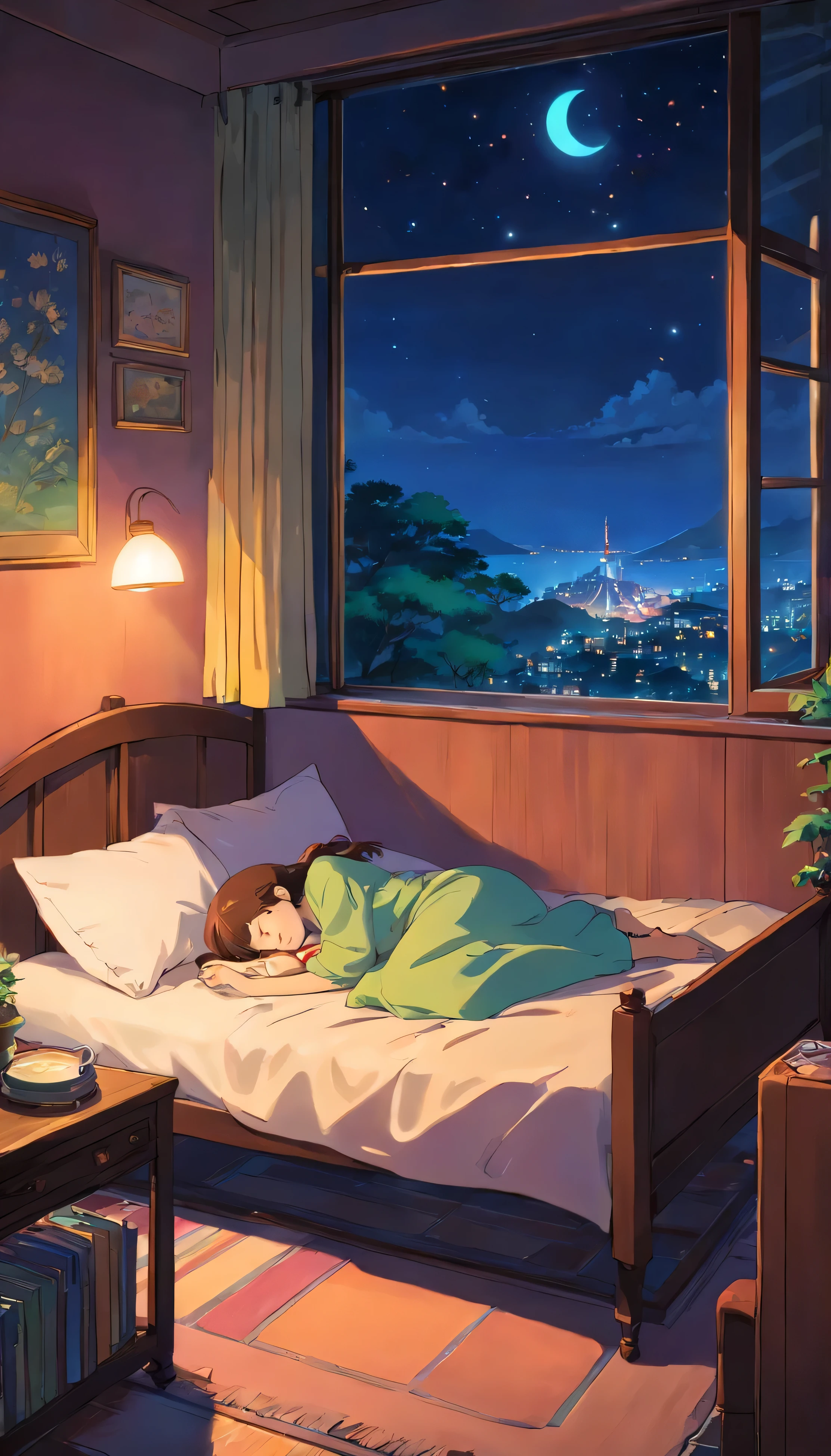 Girl sleeping in cozy room at night,The night view outside the large floor-to-ceiling windows is very healing，2D style animation, lo-fi, hard drive, Dark Medium