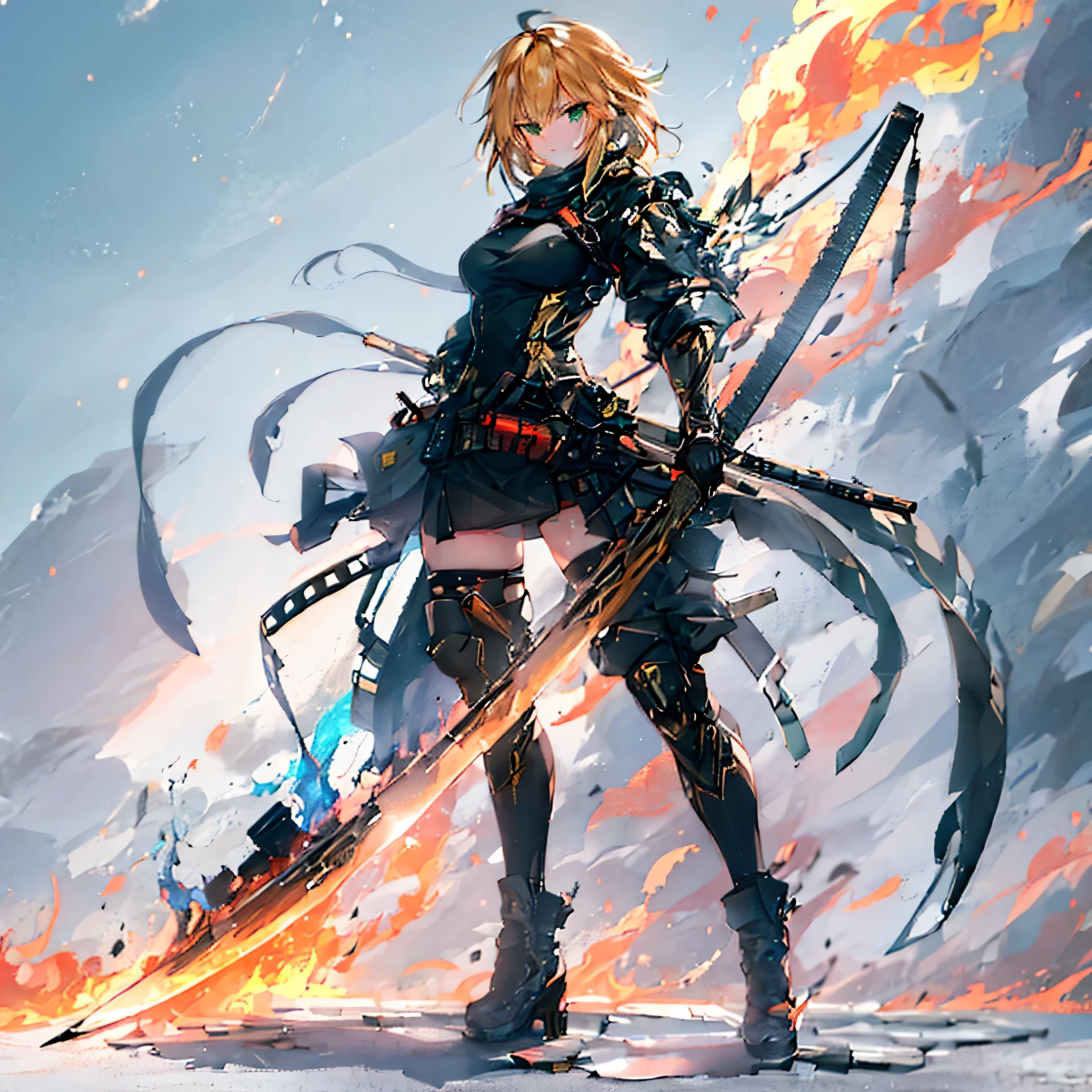 {{masterpiece, highest quality, Very detailed CG, unity 8k wallpaper, cinematic ligHting, Lens flare}}, a girl sHooting a rifle, wide field of view, full body, tHick body, long blond Hair, green eyes, (Holding weapon, Holding rifle, Targeting, Target, fire, firing:1.4), gun, H&k Hk416, carbine, (Side view:1.4)