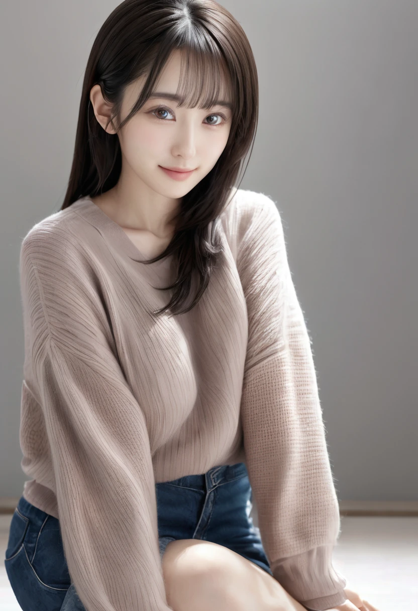 A woman,full-body shot,on the table, highest image quality, high quality, Clear background,beautiful woman, Japanese, detailed, detailed eyes, detailed skin, beautiful skin, 超high resolution, (Reality: 1.4),very beautiful woman, Slightly mature face, beautiful skin, thin and long, (Super real photos), (high resolution), (8K), (Very detailed) (The eye details are exquisite), (super detailed), (detailed face), view viewer, fine details, detailed face, Look straight ahead, Look straight ahead, Photorealistic, bright lights, professional lighting, black hair,ponytail,A delicate and mature face,34 years old,髪型はponytail,ロングのponytailの髪型,faint smile,long sleeve sweater,European streets