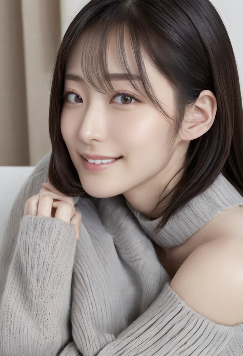 A woman,full-body shot,on the table, highest image quality, high quality, Clear background,beautiful woman, Japanese, detailed, detailed eyes, detailed skin, beautiful skin, 超high resolution, (Reality: 1.4),very beautiful woman, Slightly mature face, beautiful skin, thin and long, (Super real photos), (high resolution), (8K), (Very detailed) (The eye details are exquisite), (super detailed), (detailed face), view viewer, fine details, detailed face, Look straight ahead, Look straight ahead, Photorealistic, bright lights, professional lighting, black hair,ponytail,A delicate and mature face,34 years old,髪型はponytail,ロングのponytailの髪型,faint smile,long sleeve sweater,European streets