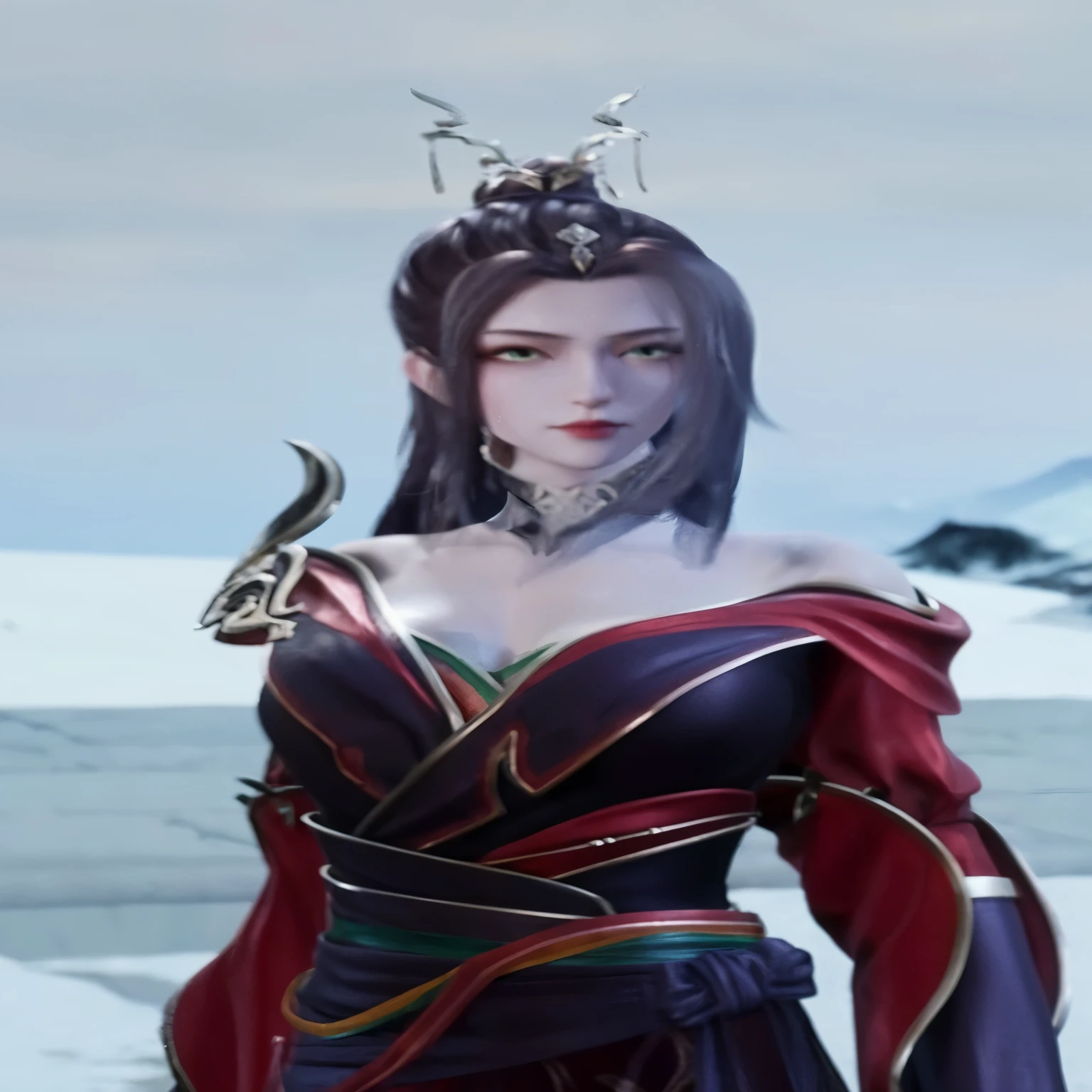 a close up of a woman in a dress with a sword, irelia, full body xianxia, heise jinyao, xianxia hero, inspired by Lan Ying, inspired by Li Mei-shu, xianxia, game cg, (top-quality:1.3), (masterpiece:1.4),(Anatomically correct), (Full limbs),(complete fingers),(Precise fingertips), (Fine details),(8K),Photorealista,(Super Detail), detailed face, detailed eyes, masterpiece, best quality, green eyes, snow, solo, nsfw, nude, large_breasts, full body frontal