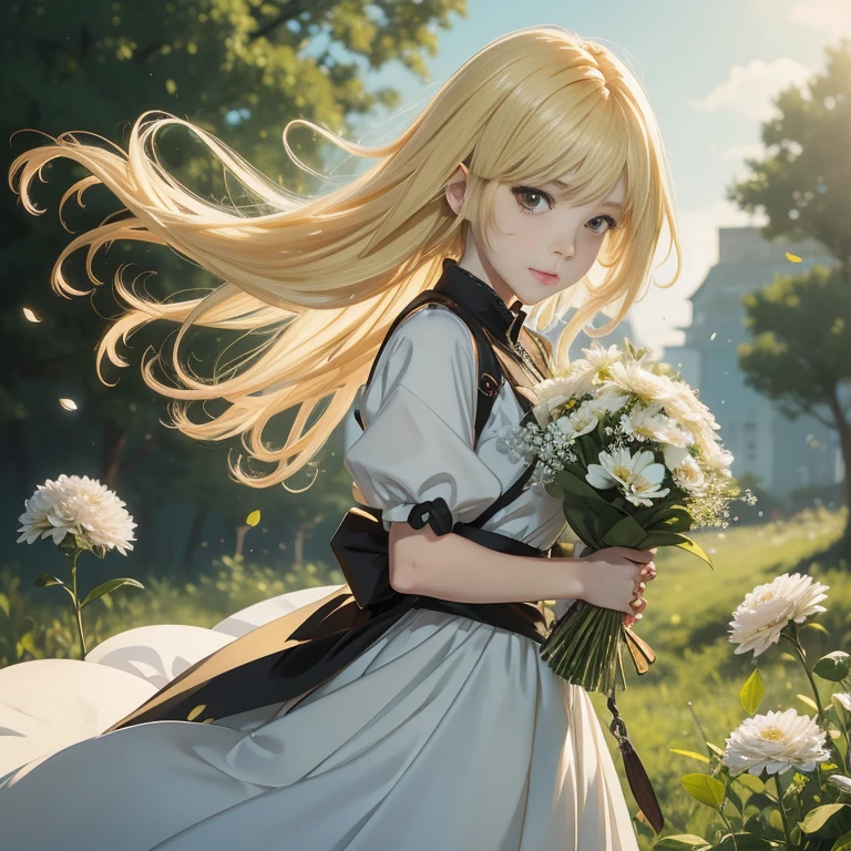 anime girl with long blonde hair holding a bunch of flowers, guweiz on pixiv artstation, guweiz on artstation pixiv, cushart krenz key art feminine, blonde anime girl with long hair, beautiful anime portrait, smooth anime cg art, artwork in the style of guweiz, anime visual of a cute girl