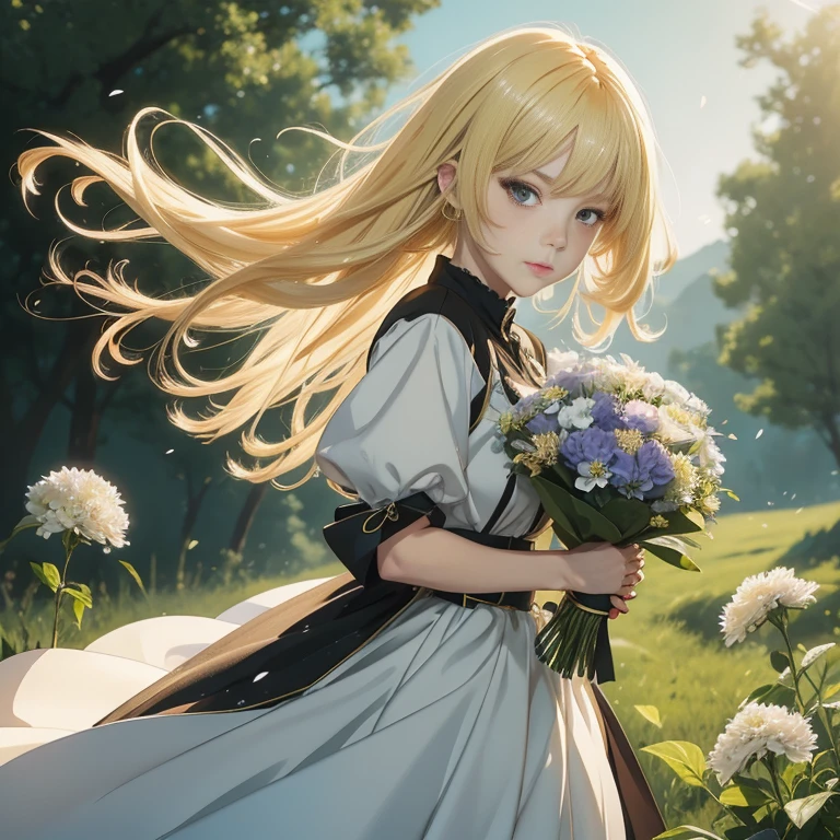 anime girl with long blonde hair holding a bunch of flowers, guweiz on pixiv artstation, guweiz on artstation pixiv, cushart krenz key art feminine, blonde anime girl with long hair, beautiful anime portrait, smooth anime cg art, artwork in the style of guweiz, anime visual of a cute girl