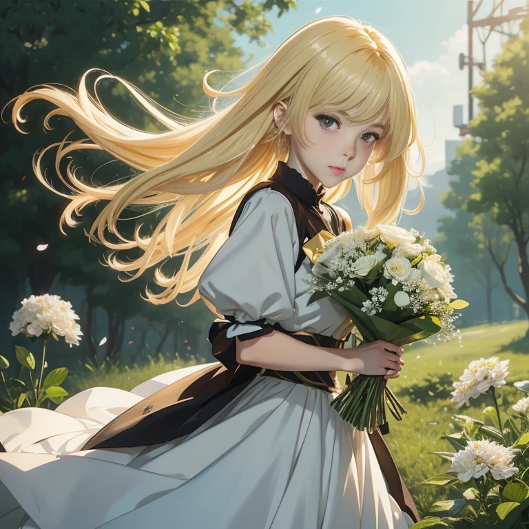 anime girl with long blonde hair holding a bunch of flowers, guweiz on pixiv artstation, guweiz on artstation pixiv, cushart krenz key art feminine, blonde anime girl with long hair, beautiful anime portrait, smooth anime cg art, artwork in the style of guweiz, anime visual of a cute girl