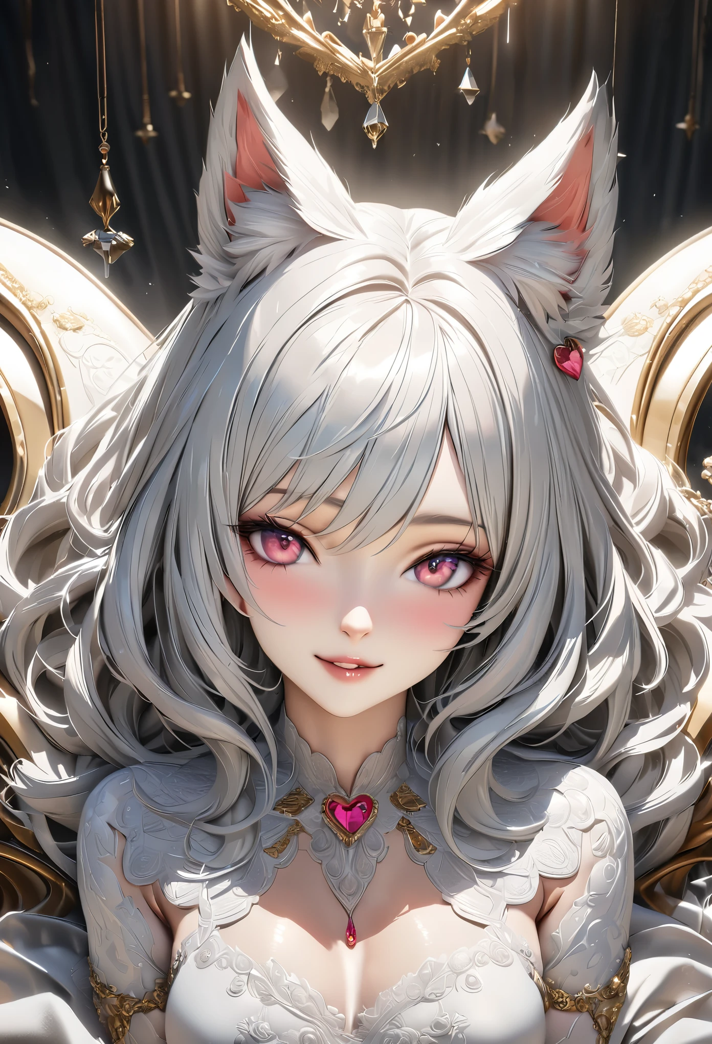 highest quality, expensiveest quality, Super detailed, expensive definition, expensive resolution, HDR, 4k, 8K, unity 8K wallpaper, expensively detailed CG, masterpiece, realistic, photorealistic, 2D, 3D, beautiful details, depth, fine texture , super fine: 1.3, Fully focused, crispy skin, .he, very cute anime girl with long silver hair in expensive , smile, one girl, alone, long silver hair, expensive , beast ears, looking at the viewer, blush, Cat ear, parted lips, Heart, pink eyes
