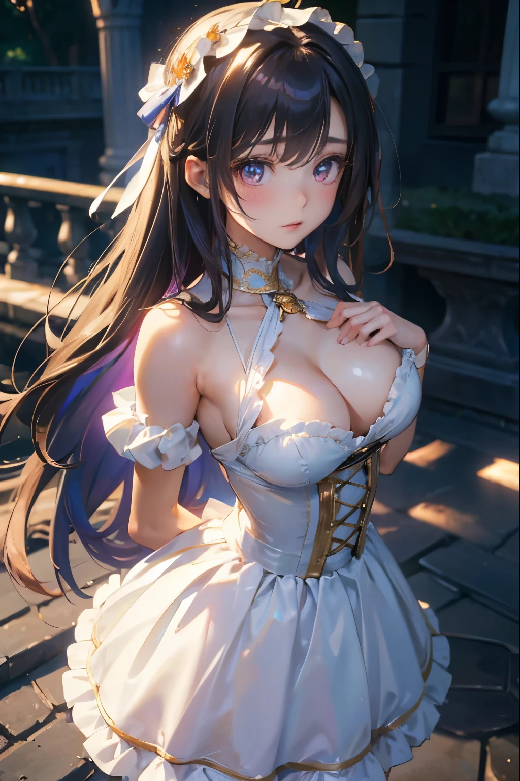 (high quality,masterpiece,4k,8k,16k),cute girl,bust,medium chest,lolita dress,smooth skin,silky hair,vibrant colors,dreamy lighting,shiny girden,subtle details,intense gaze,revealing expression,porcelain-like complexion,graceful pose,gentle atmosphere,pure innocence,natural beauty,sublime aesthetics
