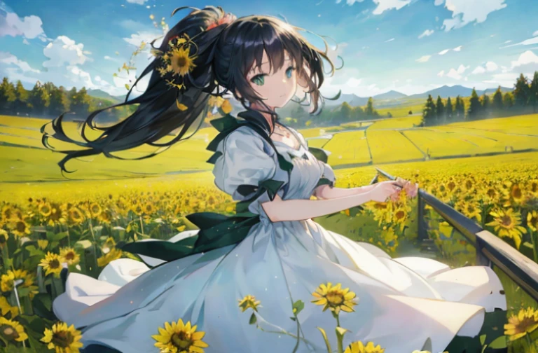 anime girl in a field of dandelions, beautiful sunflower anime girl, anime visual of a cute girl, guweiz on pixiv artstation, beautiful anime, smooth anime cg art, anime moe artstyle, rin, cute anime waifu in a nice dress, guweiz on artstation pixiv, official art, guweiz