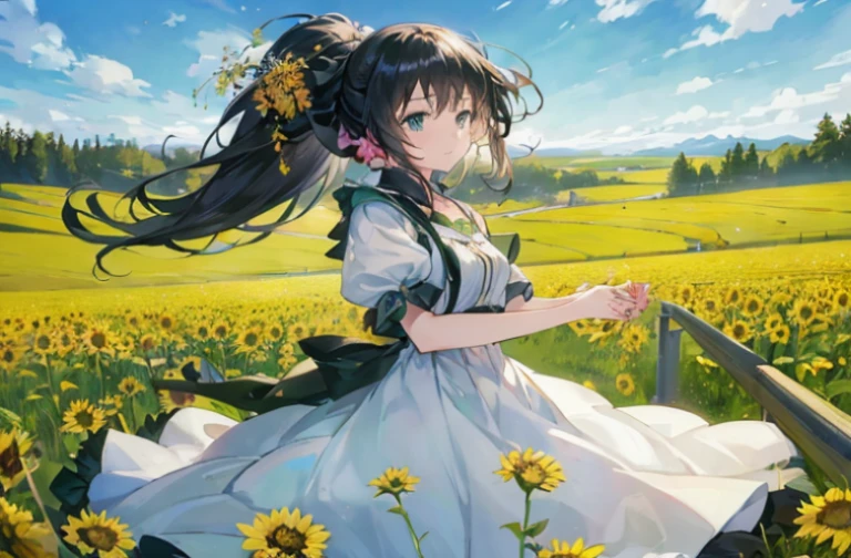 anime girl in a field of dandelions, beautiful sunflower anime girl, anime visual of a cute girl, guweiz on pixiv artstation, beautiful anime, smooth anime cg art, anime moe artstyle, rin, cute anime waifu in a nice dress, guweiz on artstation pixiv, official art, guweiz