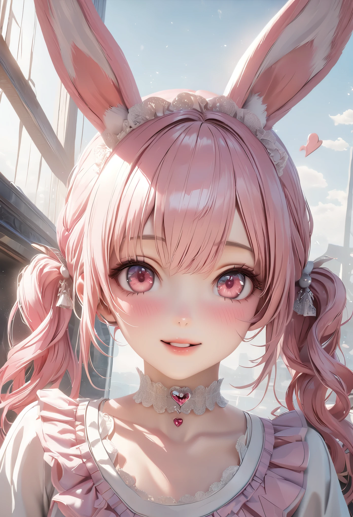 highest quality, highest quality, Super detailed, high resolution, High resolution, HDR, 4k, 8K, unity 8K wallpaper, Detailed CG, masterpiece, realistic, photorealistic, 2D, 3D, beautiful details, depth, fine texture , super fine: 1.3, Fully focused, Crispy.skin, .he,
Very cute anime girl with pigtails hair in a pink bun dressed like a doll, smile,one girl,he女の名前はミラです, alone, pink hair, animal ears, mole under the eyes, looking at the viewer, dress, blush, 白いdress, mole, rabbit ears, parted lips, hair ornaments, heart, pink eyes, choker