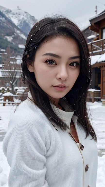 Fille de 21 ans, Asiatique, beau, mignon, ultrarealistic, cheveux moyens, cheveux noir, high quality, coupe papillon, dans la neige a la montagne