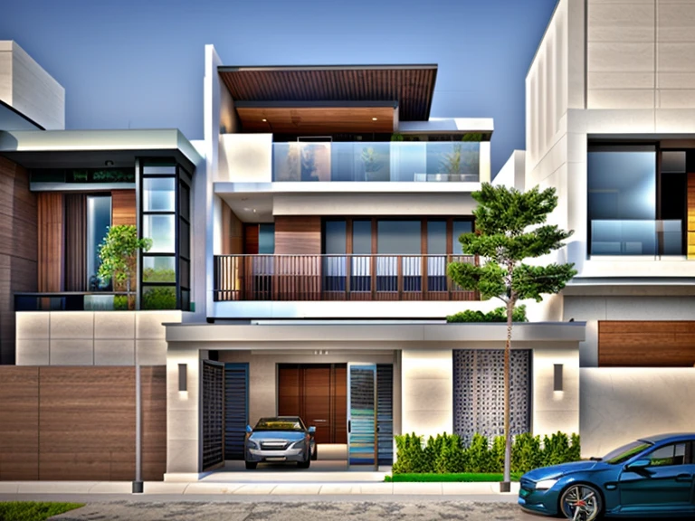 (masterpiece),(high quality), best quality, real,(realistic), super detailed, (full detail),(4k),8k,modern house exterior design,Modern architecture,Beautiful_sky,Day light, no_humans, outdoors,sky,tree,Garden flower front of building,