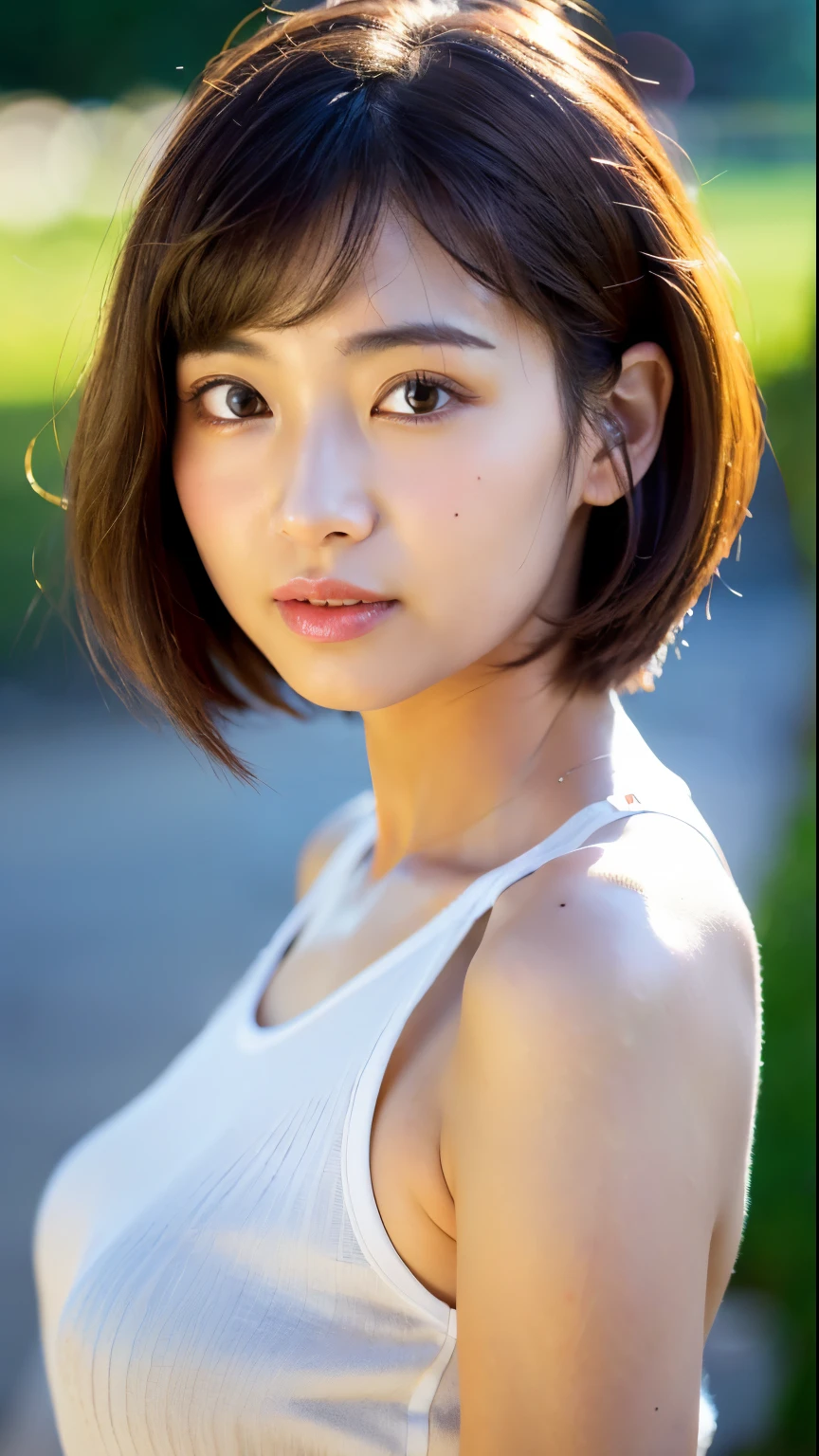 (highest quality、8k、32k、masterpiece、UHD:1.2)、photo of cute japanese woman、very short bob hair、Upper body、face focus、Light in the eyes、simple background