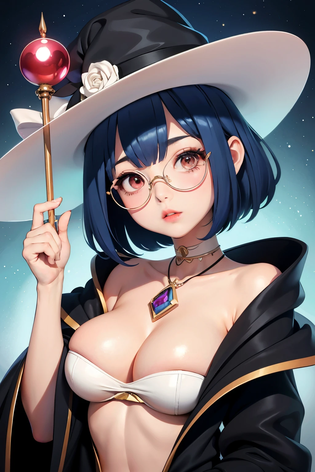((highest quality)), ((masterpiece)), (be familiar with), perfect face、Magical girl、young girl、I'm thin and my bones are noticeable、big breasts、blue hair、fluffy short hair、red eyes、have a magic wand、a wand with a large red gem、half naked、wizard's hat、wide brimmed hat、Round big glasses、pure white skin、black robe、