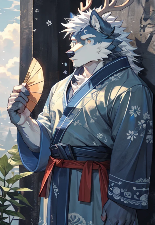 Deer orcs，male，178cm，88kg，17cm，It&#39;s a hybrid of wolf and deer，With golden antlers，deer ears，Wolf paw，wolf tail，Covered with white hair，There is a blue moiré pattern on the collarbone，There is a light blue iris-shaped pattern on the chest，Lean body，But I still have more obvious chest muscles and six-pack abs，blue stripes on arms，Different pupils，left眼的瞳孔是红色，The pupil of the right eye is blue。Wearing a gold frame monocle（left），The temples are antler-shaped，Wearing light blue ancient style Hanfu，The entire garment is dotted with snowflake patterns and cloud patterns.，The wide cuffs of the dress are embroidered with a light blue iris pattern.，A safety buckle tied with a red rope was hung around the waist.。One hand behind the back，In the other hand, he held a folding fan in front of his chest.，There is a word &quot;ji&quot; on the fan，Leaning lazily on the wall，Look at you