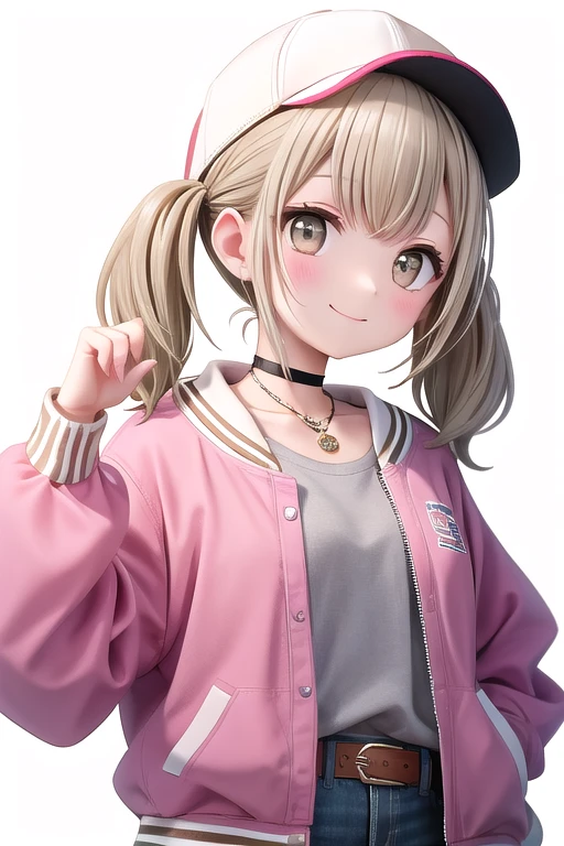 proper third, looking at the viewer, smile, shirt, long sleeve, have, twin tails, jewelry, closed mouth, Jacket, Upper body, open clothes, choker, belt, pants, medium hair, necklace, star (symbol), open Jacket, white hat, denim, short twin tails, write clothes, baseball cap, grey shirt, red Jacket, pink Jacket, white belt, backwards have, letterman Jacket,white background,